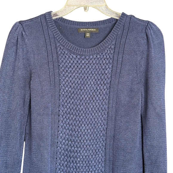 Banana Republic Factory Navy Woven Front Panel Crew Neck Puff Sleeve Sweater XS - Picture 7 of 11